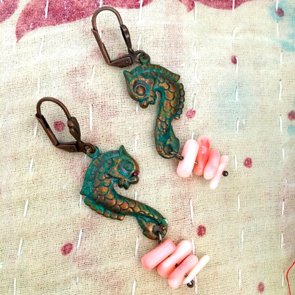 Vintage Seahorse Earrings with pink coral